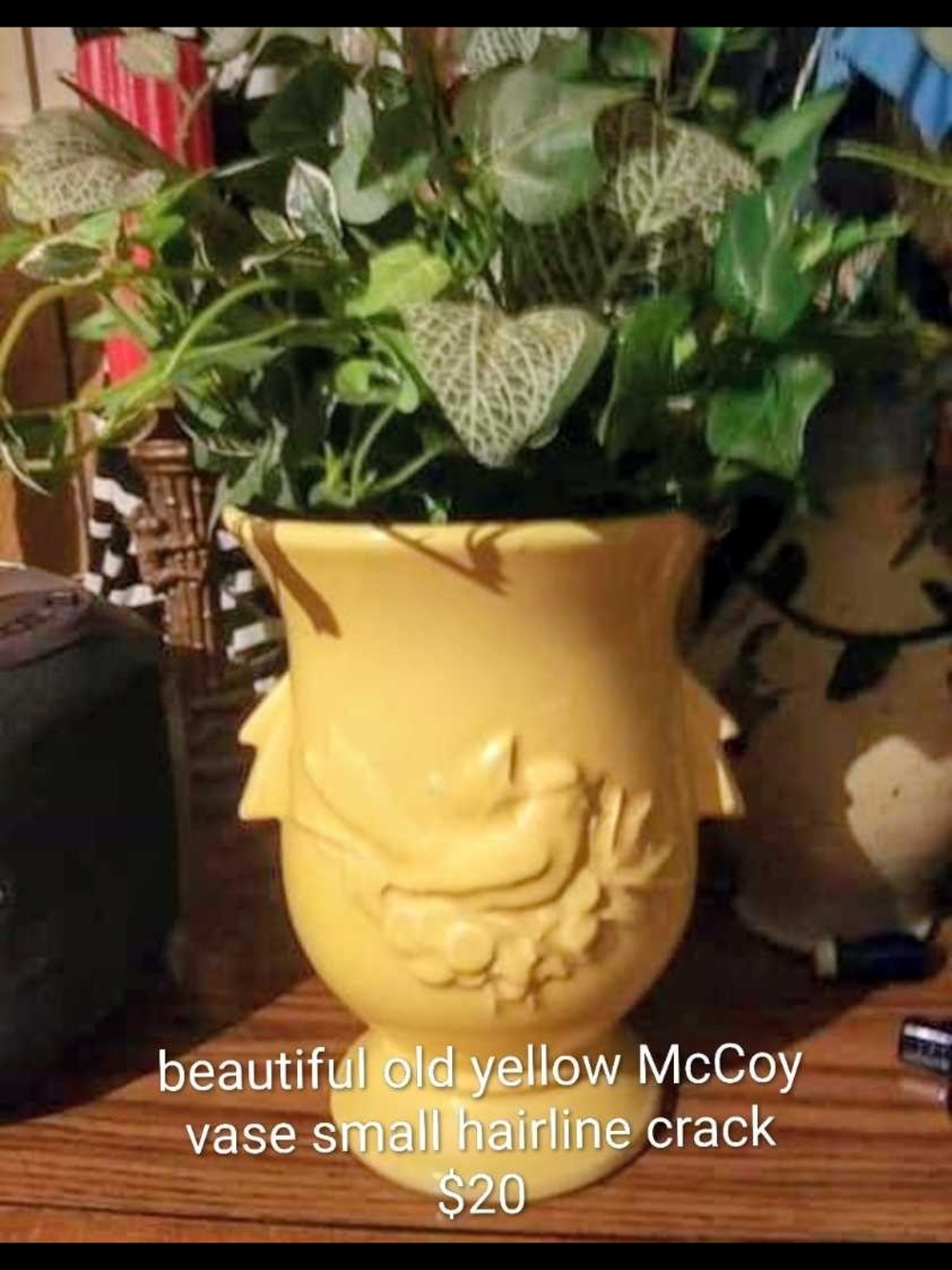 Mccoy Yellow Ceramic Vase with Embossed Bird Motif